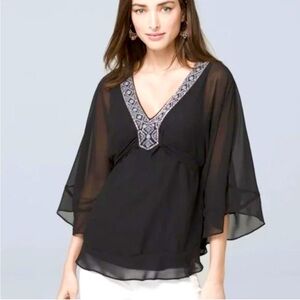 White House Black Market Black Sheer Kimono Blouse with Embellished Neckline